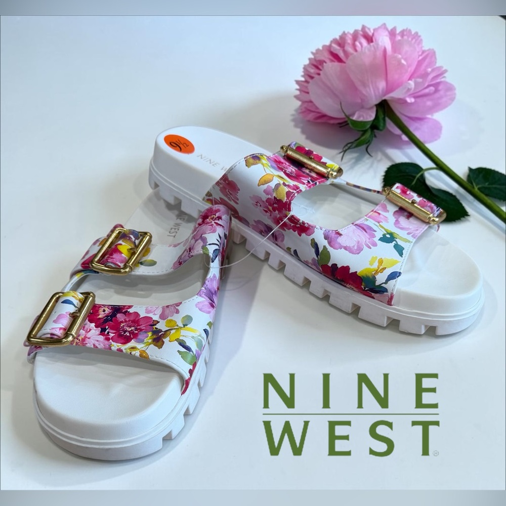 Nine West size 9.5 TIMMA Platform Floral Double-Buckle Slide Sandals NWT!